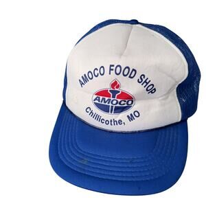 Vintage Amoco Food Shop Chillicothe MO Hat Snap Back Trucker OSFA White Blue -BN
